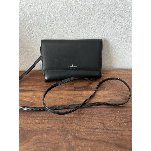 Kate Spade Perry Leather Wallet on a String Crossbody Bag Black - Picture 1 of 9